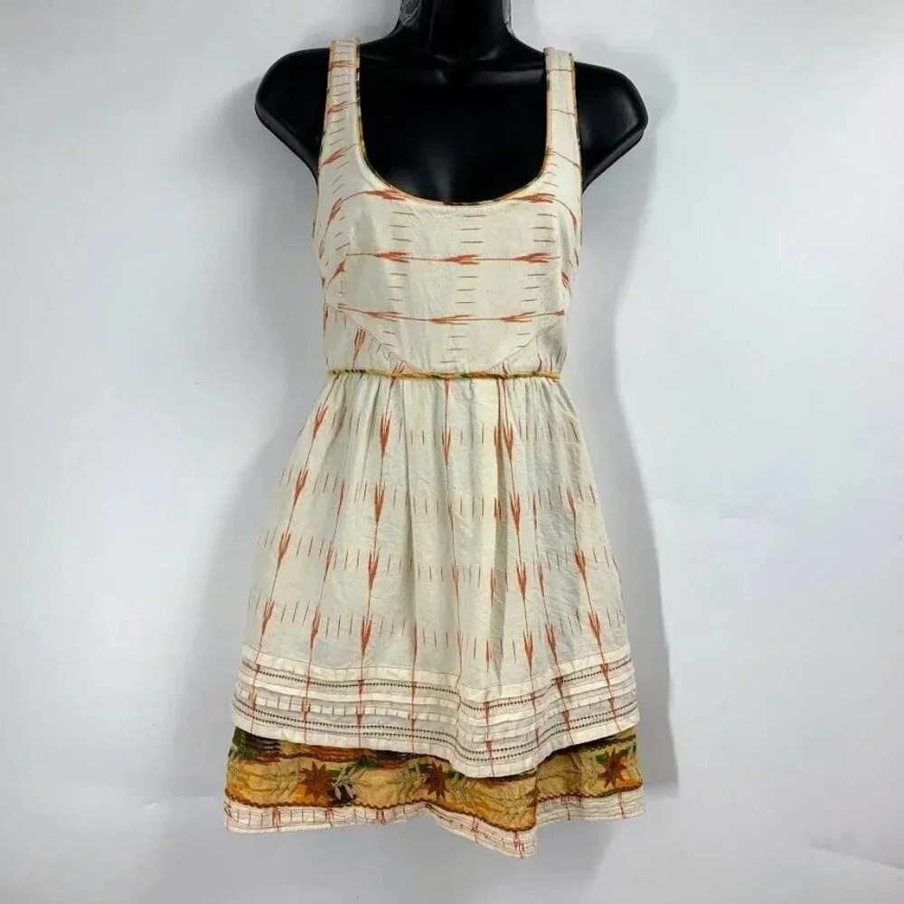 Free People Romantics Womens Fit Flare Tiered Cotton Dress Boho Embroidery SZ XS